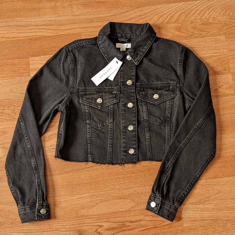 NEW!! Topshop Womens Black Cotton Denim Cutoff Raw Edge Jacket Size 2 NWT Button